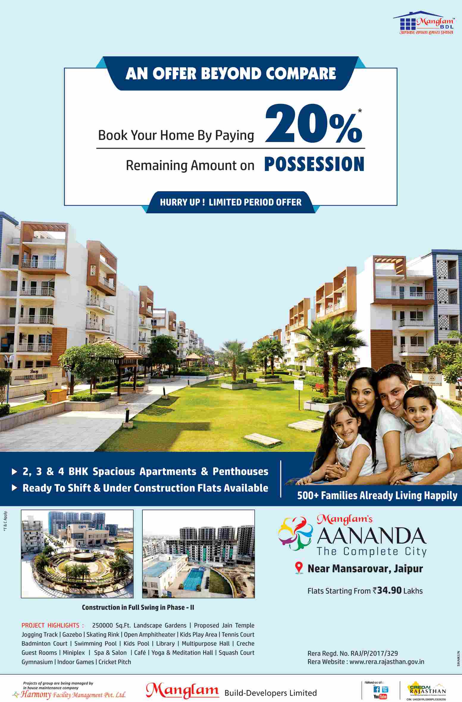 Book by paying 20% and rest on possession at Manglam Aananda in Jaipur